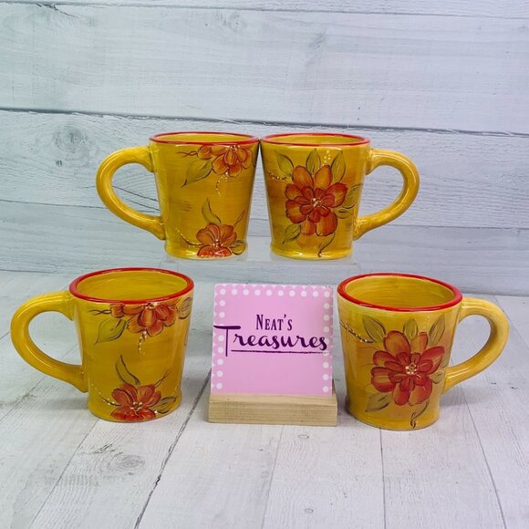 Ambiance Collection FLEUR SAUVAGE Mustard Red Flowers Large 20 oz Cup Mug Set 4 - Picture 1 of 8